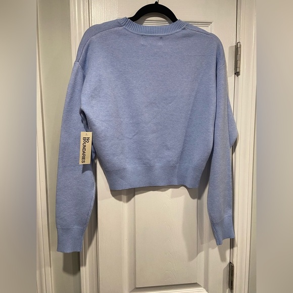 NWT No Boundaries Size M Blue Crew Neck Long Sleeve Soft Sweater Cherries Bow - Picture 6 of 11